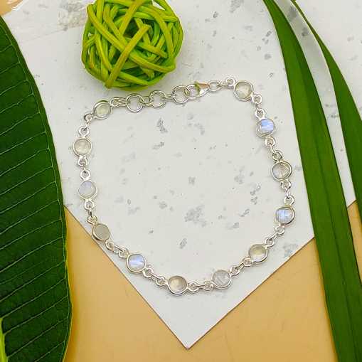 Handmade Natural Moonstone Oval Cabochon Gemstone Silver Chain Bracelet