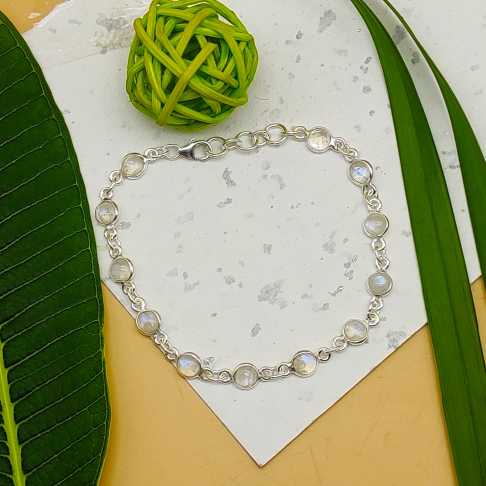 Handmade Natural Moonstone Oval Cabochon Gemstone Silver Chain Bracelet