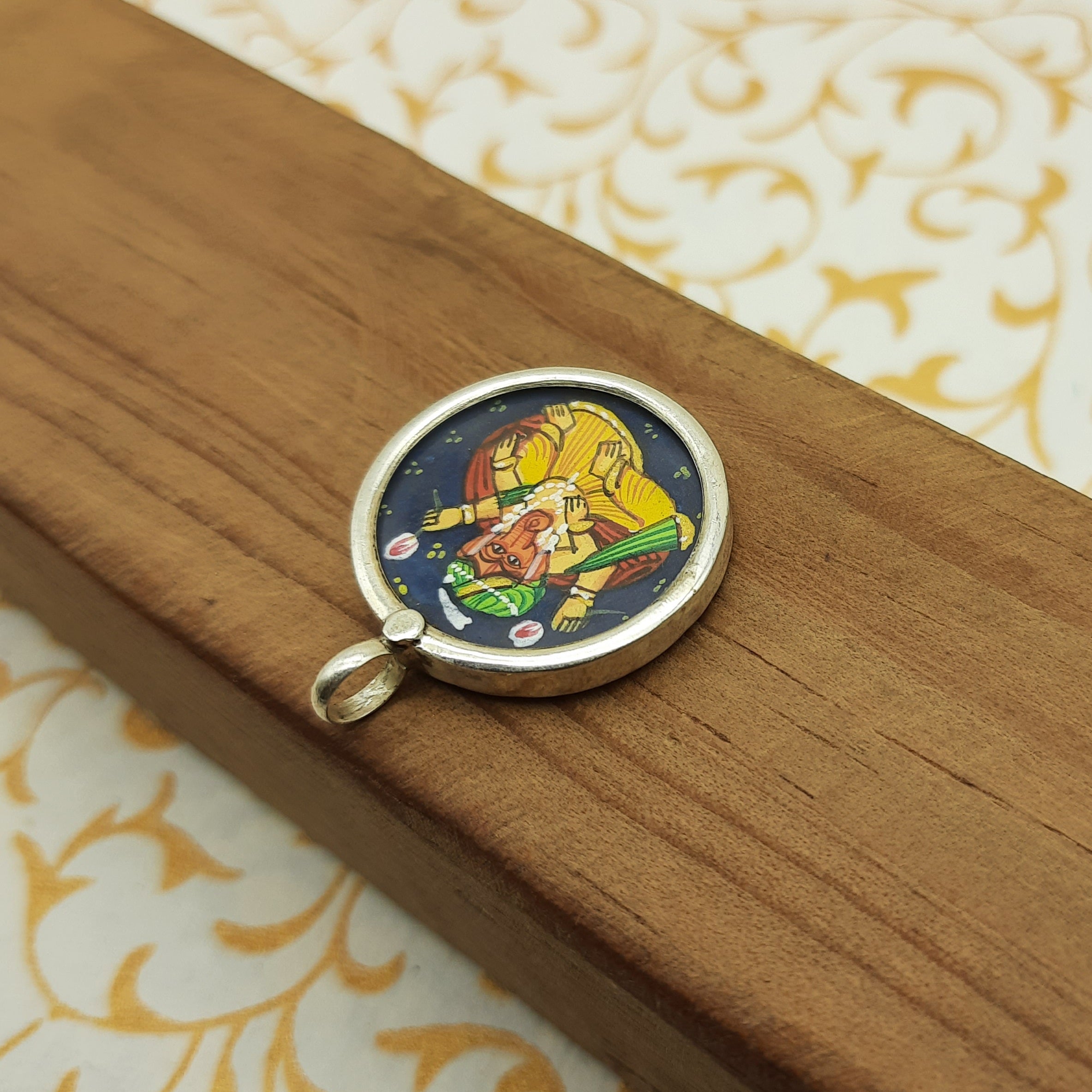 Lord Ganesha Hand-Painted Pendant in 925 Sterling Silver – Handmade Divine Frame