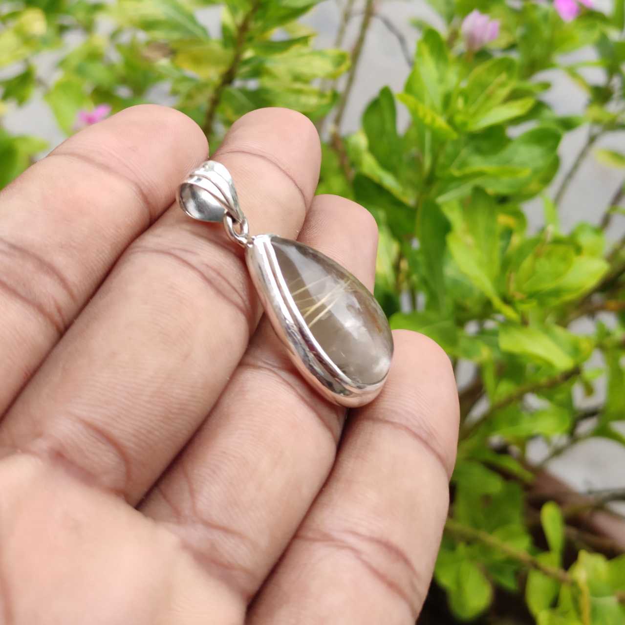 Rutilated Quartz 925 Silver Pendant Necklace Artisan Boho Design