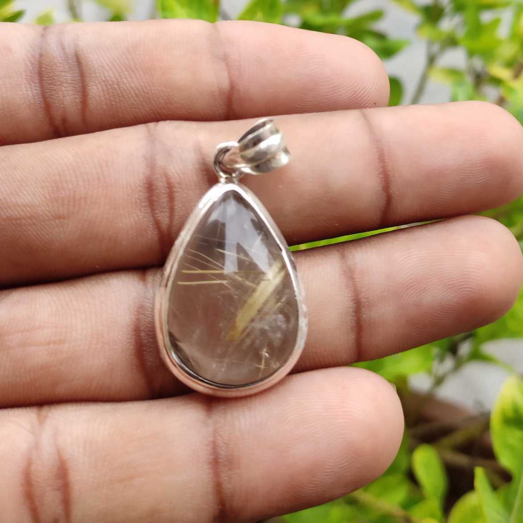 Rutilated Quartz 925 Silver Pendant Necklace Artisan Boho Design
