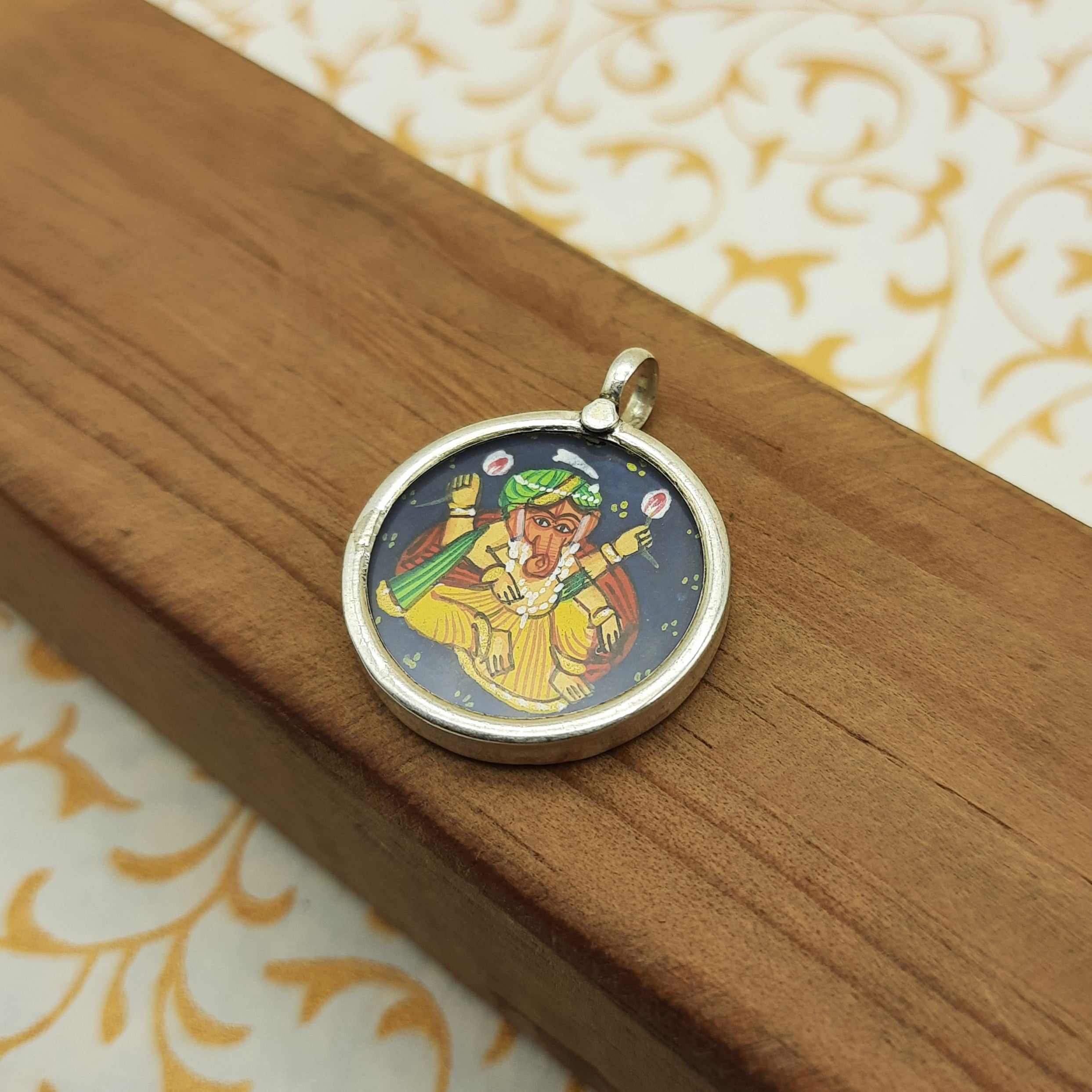 Lord Ganesha Hand-Painted Pendant in 925 Sterling Silver – Handmade Divine Frame