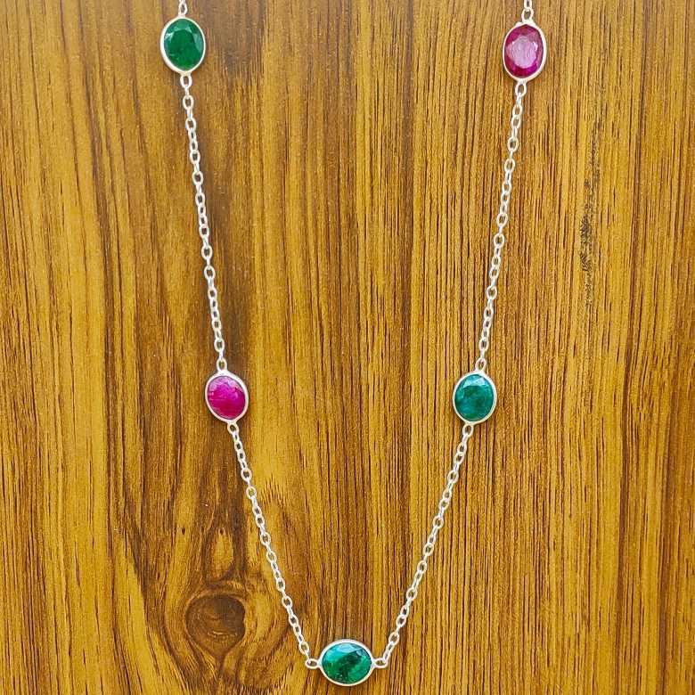 Dainty Corundum Ruby 925 Silver Faceted Long Necklace Handmade
