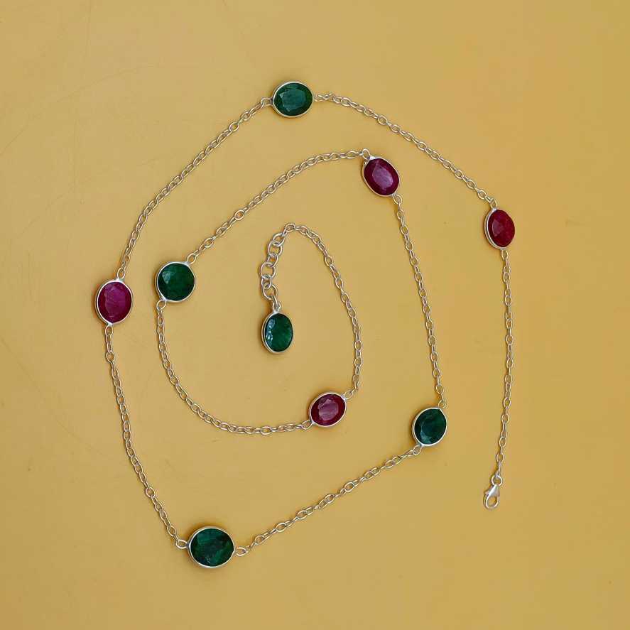 Dainty Corundum Ruby 925 Silver Faceted Long Necklace Handmade