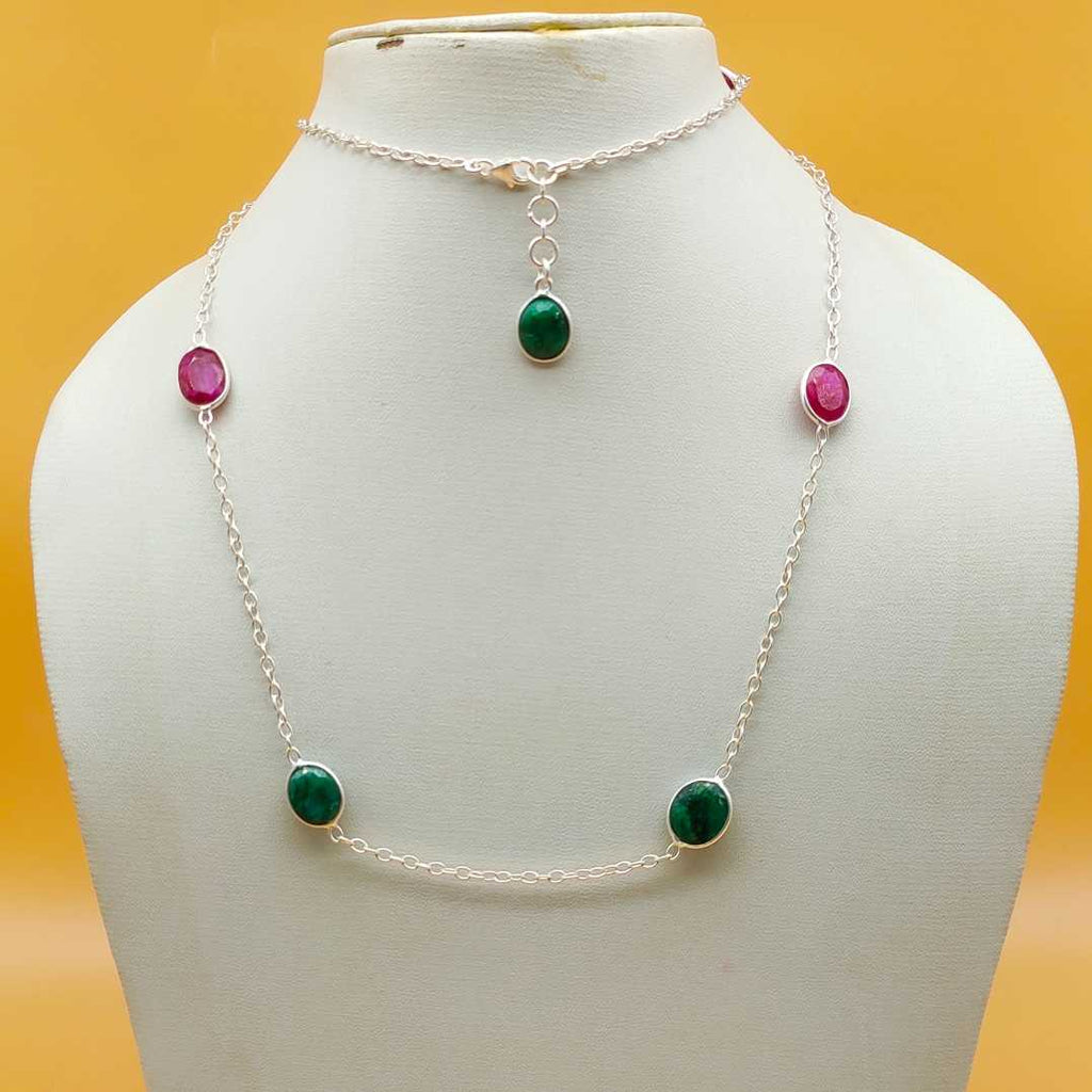 Dainty Corundum Ruby 925 Silver Faceted Long Necklace Handmade
