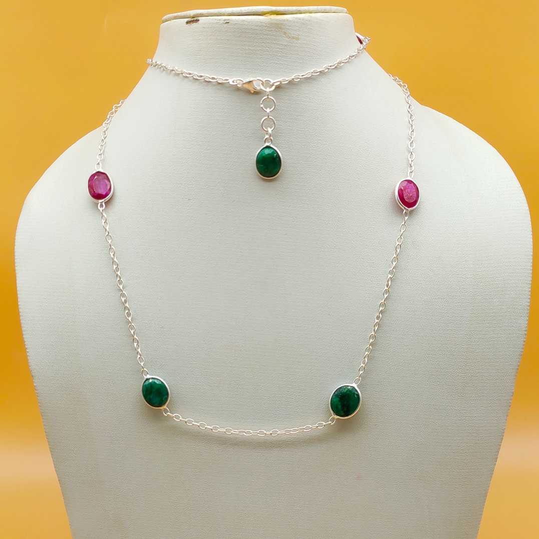 Dainty Corundum Ruby 925 Silver Faceted Long Necklace Handmade
