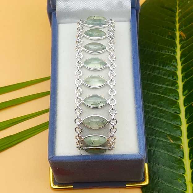 Prehnite Marquise Shape Gemstone Bracelet 925 Sterling Silver Handmade Minimal Style