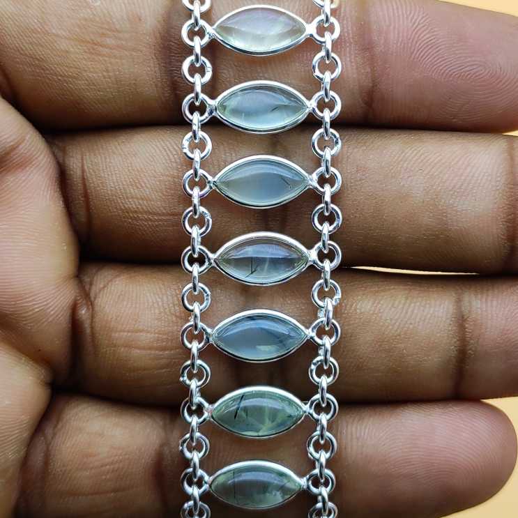 Prehnite Marquise Shape Gemstone Bracelet 925 Sterling Silver Handmade Minimal Style
