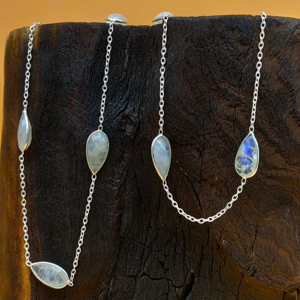 Faceted Rainbow Moonstone 925 Silver Oval Chain Necklace Gift