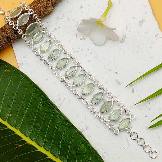 Prehnite Marquise Shape Gemstone Bracelet 925 Sterling Silver Handmade Minimal Style