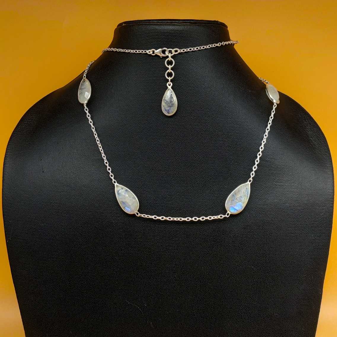 Faceted Rainbow Moonstone 925 Silver Oval Chain Necklace Gift