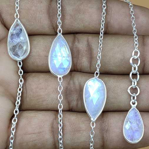 Faceted Rainbow Moonstone 925 Silver Oval Chain Necklace Gift