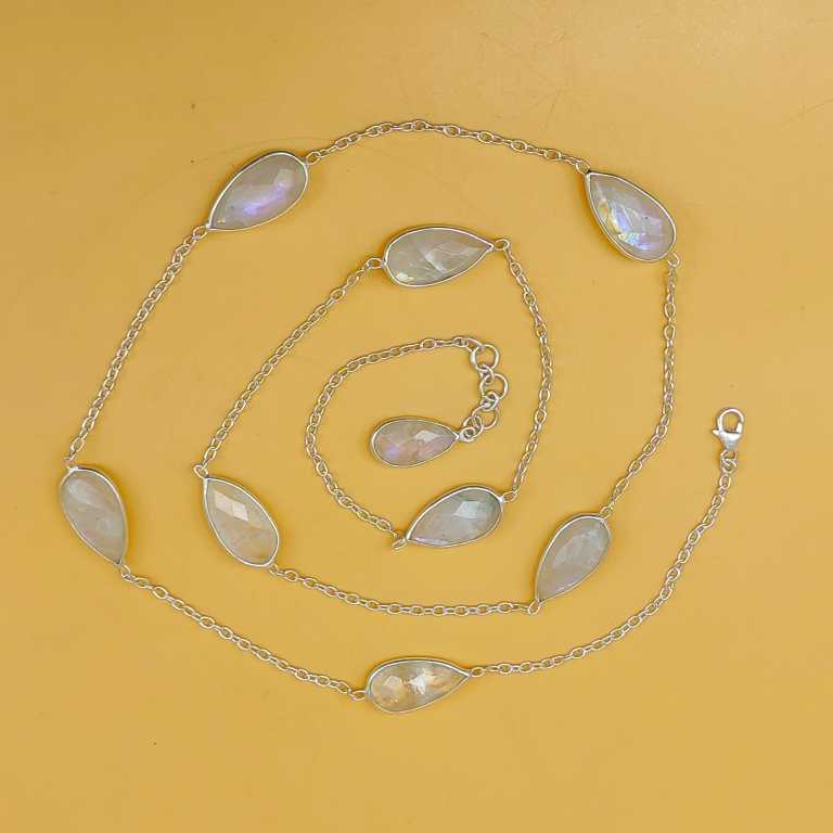 Faceted Rainbow Moonstone 925 Silver Oval Chain Necklace Gift