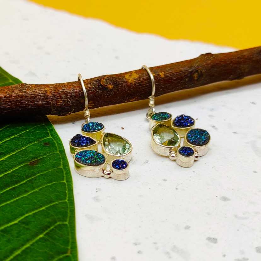 Luxury Titanium Druzy-Gemstone 925 Silver Dangle Earrings
