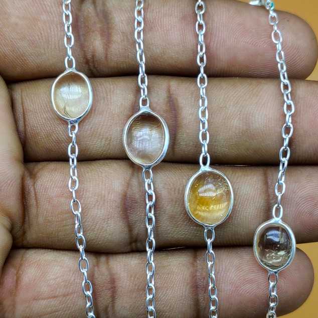 Natural Citrine 925 Silver Oval Gemstone Fine Chain Necklace
