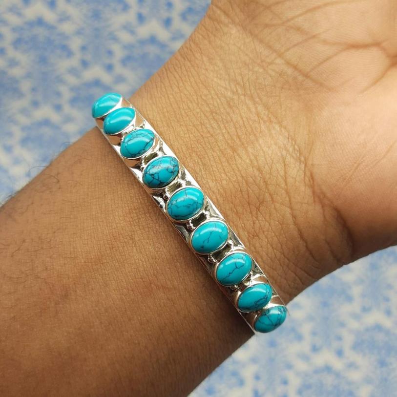 925 Silver Turquoise Oval Cabochon Bracelet – Handmade Natural Gemstone Jewelry