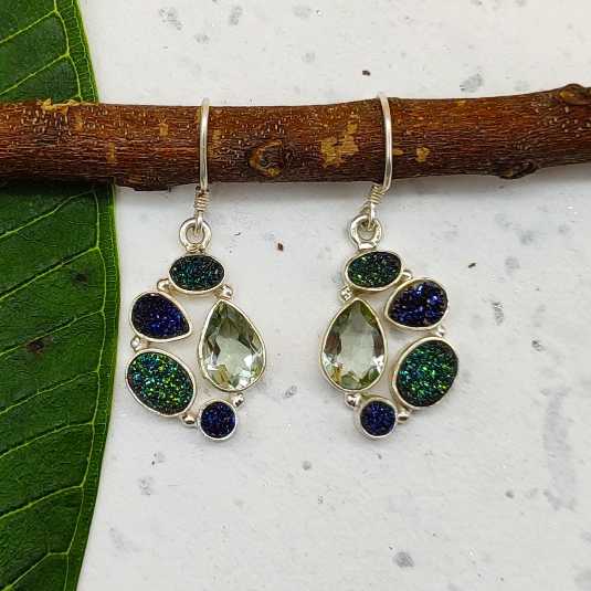 Luxury Titanium Druzy-Gemstone 925 Silver Dangle Earrings