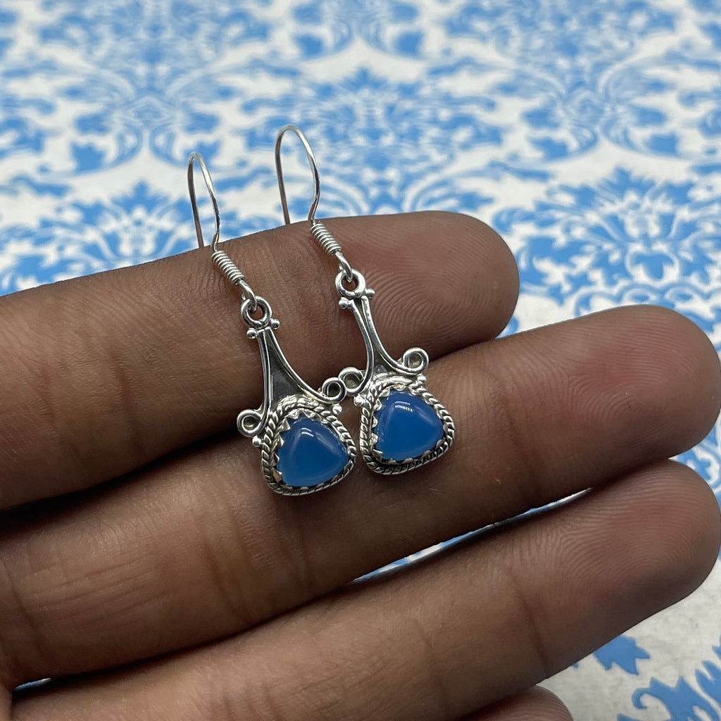 Chalcedony  Gemstone Earrings – 925 Silver Minimal Trillion Style