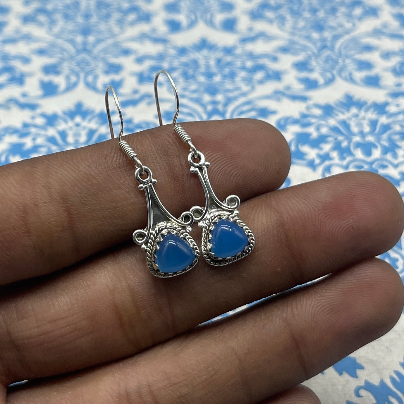 Chalcedony  Gemstone Earrings – 925 Silver Minimal Trillion Style