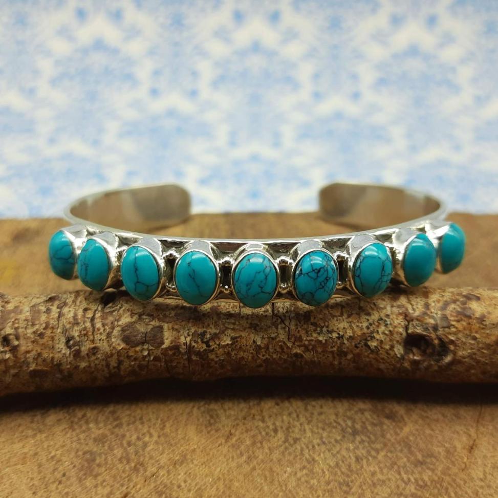 925 Silver Turquoise Oval Cabochon Bracelet – Handmade Natural Gemstone Jewelry