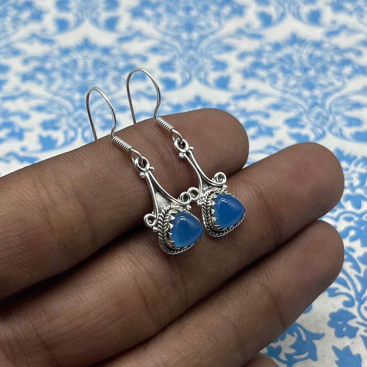 Chalcedony  Gemstone Earrings – 925 Silver Minimal Trillion Style