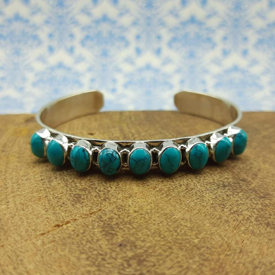 925 Silver Turquoise Oval Cabochon Bracelet – Handmade Natural Gemstone Jewelry