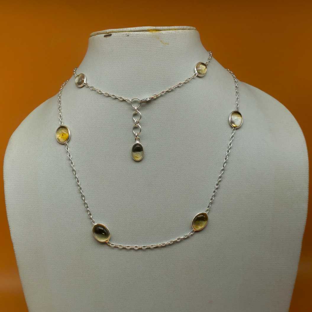 Natural Citrine 925 Silver Oval Gemstone Fine Chain Necklace