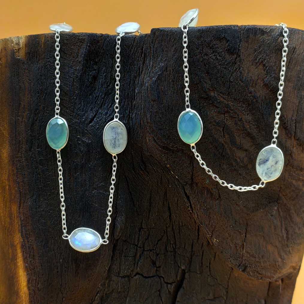 Rainbow Moonstone Chalcedony 925 Silver Boho Necklace Wholesale