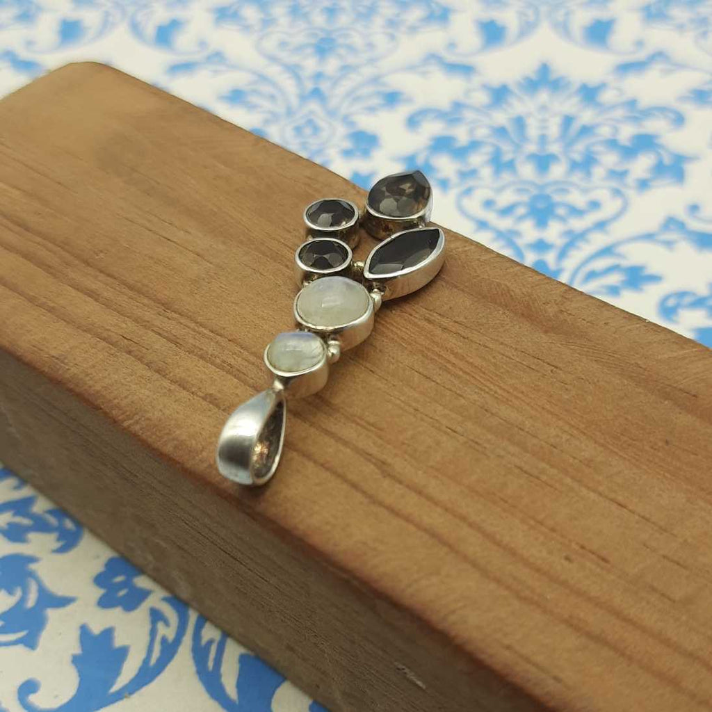 Smoky Quartz & Rainbow Moonstone Pendant – Handmade 925 Silver Celestial Boho Design