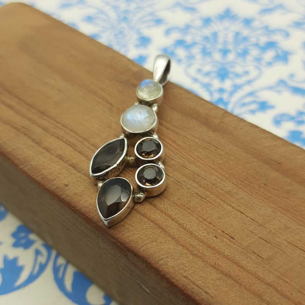 Smoky Quartz & Rainbow Moonstone Pendant – Handmade 925 Silver Celestial Boho Design