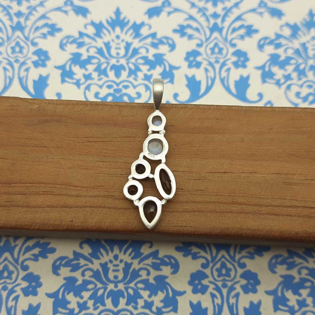 Smoky Quartz & Rainbow Moonstone Pendant – Handmade 925 Silver Celestial Boho Design
