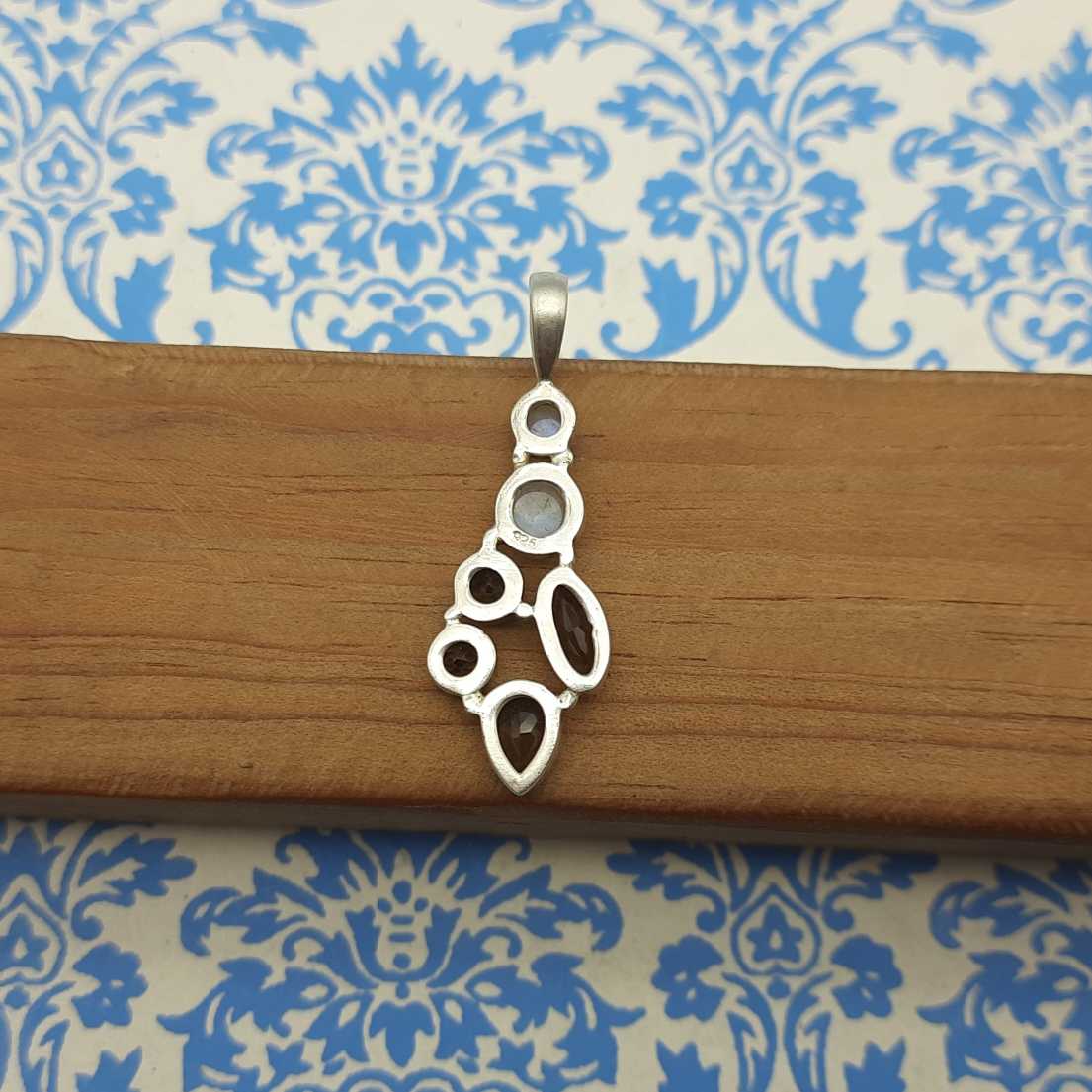 Smoky Quartz & Rainbow Moonstone Pendant – Handmade 925 Silver Celestial Boho Design