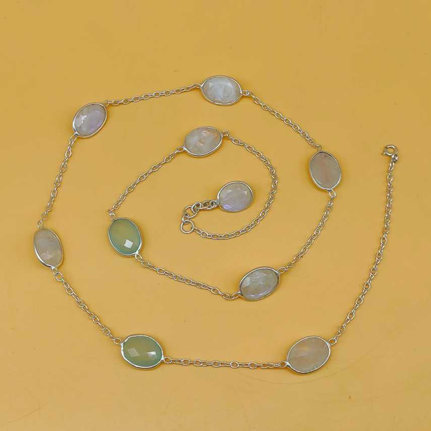 Rainbow Moonstone Chalcedony 925 Silver Boho Necklace Wholesale