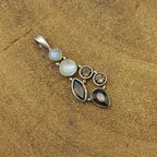 Smoky Quartz & Rainbow Moonstone Pendant – Handmade 925 Silver Celestial Boho Design