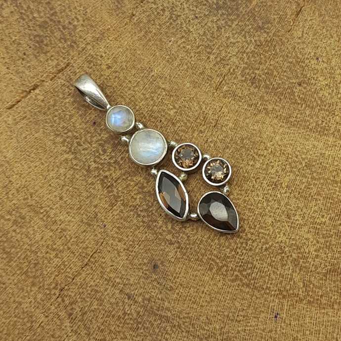Smoky Quartz & Rainbow Moonstone Pendant – Handmade 925 Silver Celestial Boho Design