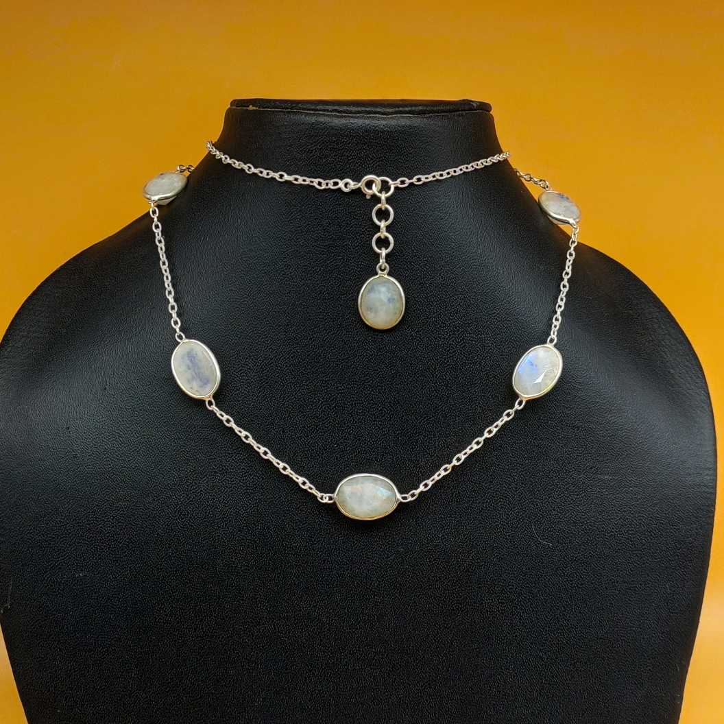 Rainbow Moonstone Chalcedony 925 Silver Boho Necklace Wholesale
