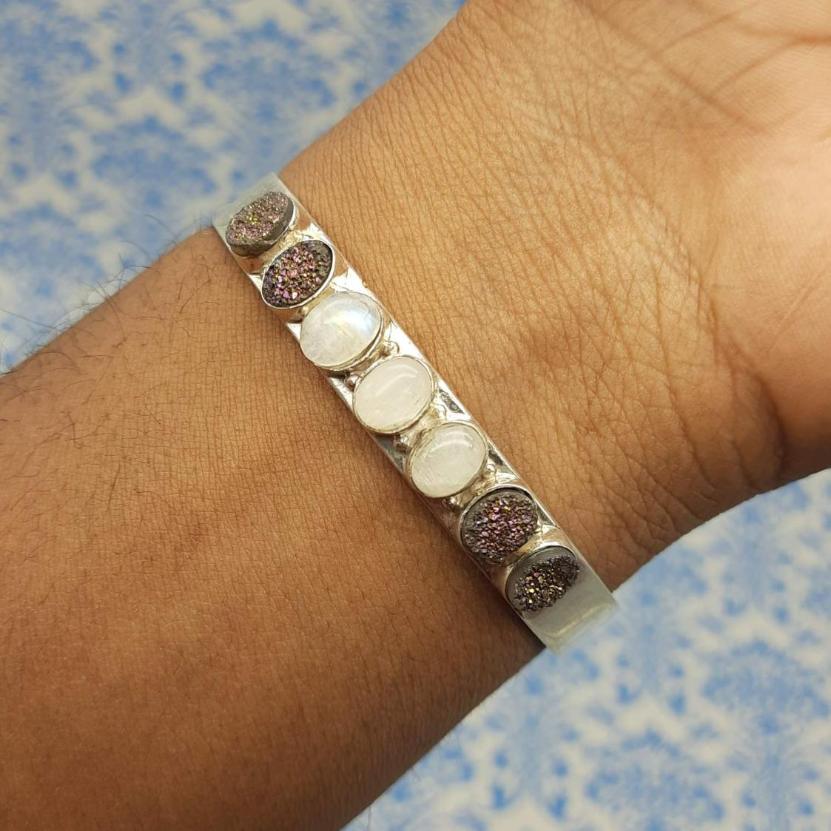 Classic Handmade 925 Sterling Silver Druzy & Moonstone  Bracelet Timeless Design