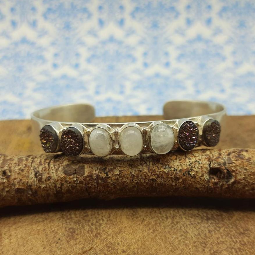 Classic Handmade 925 Sterling Silver Druzy & Moonstone  Bracelet Timeless Design