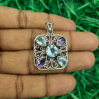Amethyst & Blue Topaz Dual Stone Pendant – Handmade 925 Silver Designer Bohemian Jewelry