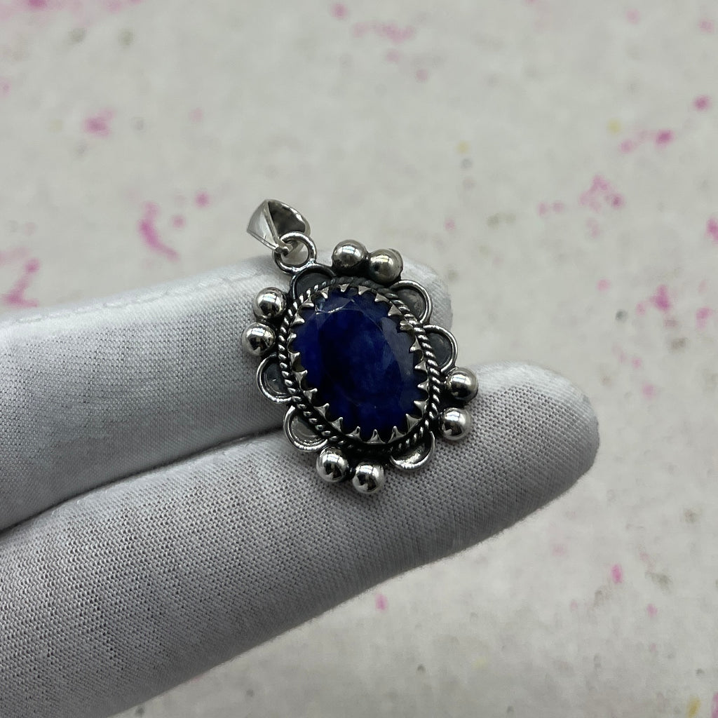 Dyed Sapphire 925 Sterling Silver Handmade Pendant | Artisan Boho Jewelry