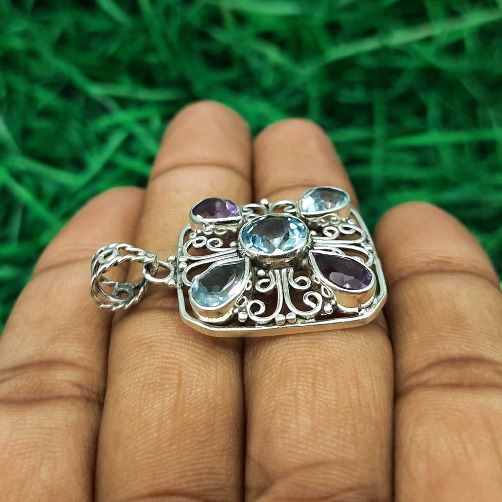 Amethyst & Blue Topaz Dual Stone Pendant – Handmade 925 Silver Designer Bohemian Jewelry