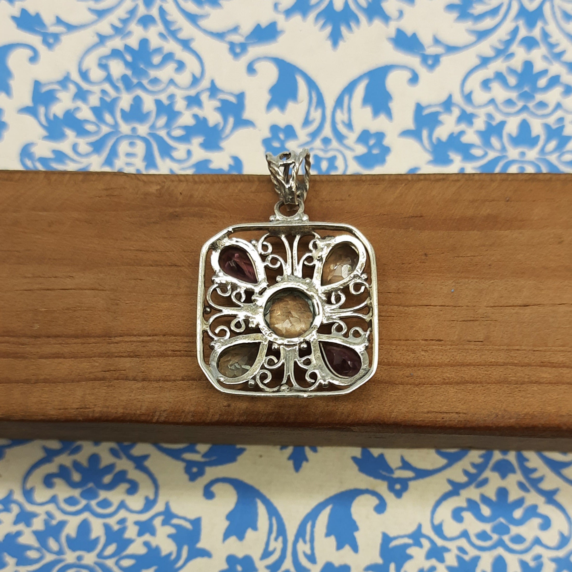 Amethyst & Blue Topaz Dual Stone Pendant – Handmade 925 Silver Designer Bohemian Jewelry