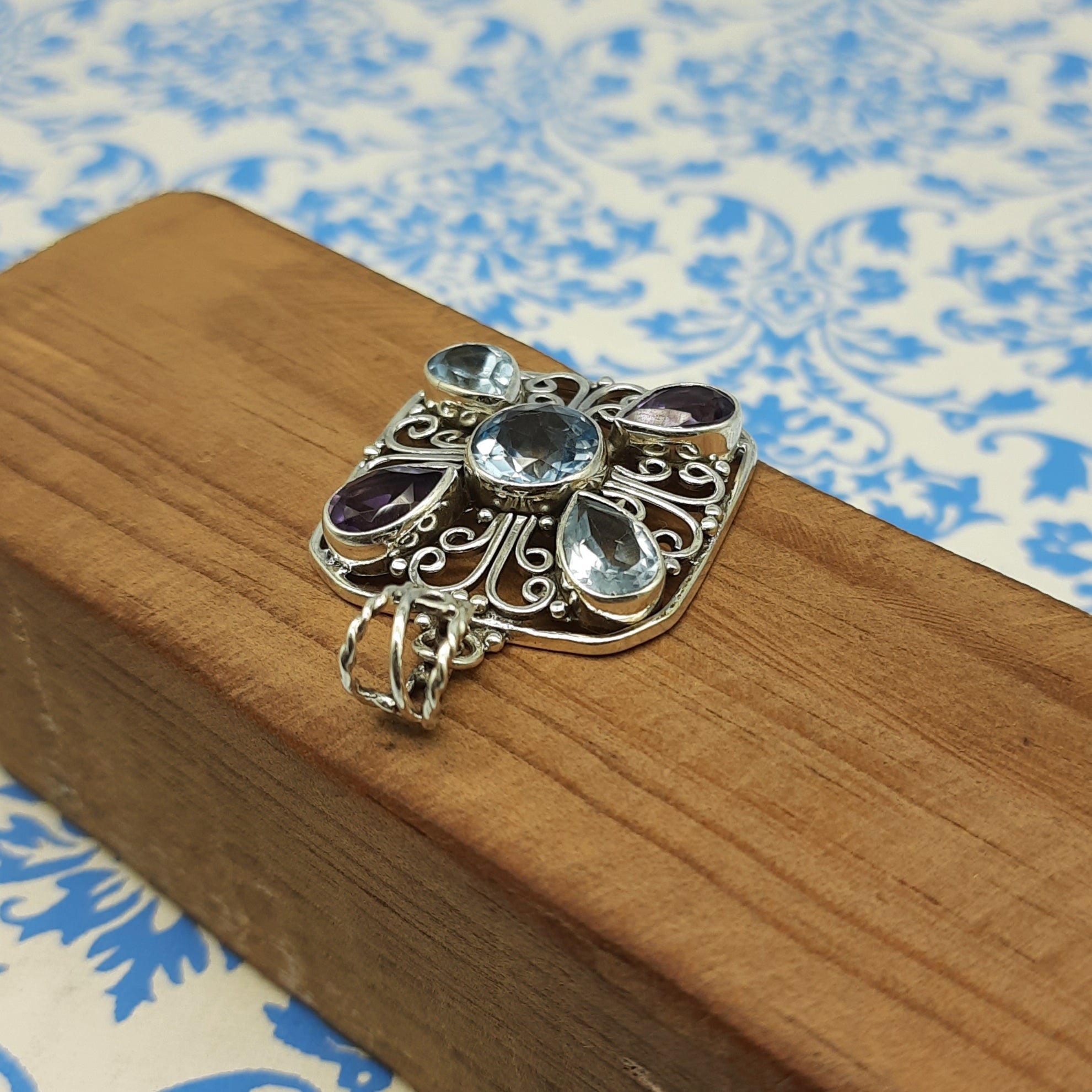 Amethyst & Blue Topaz Dual Stone Pendant – Handmade 925 Silver Designer Bohemian Jewelry