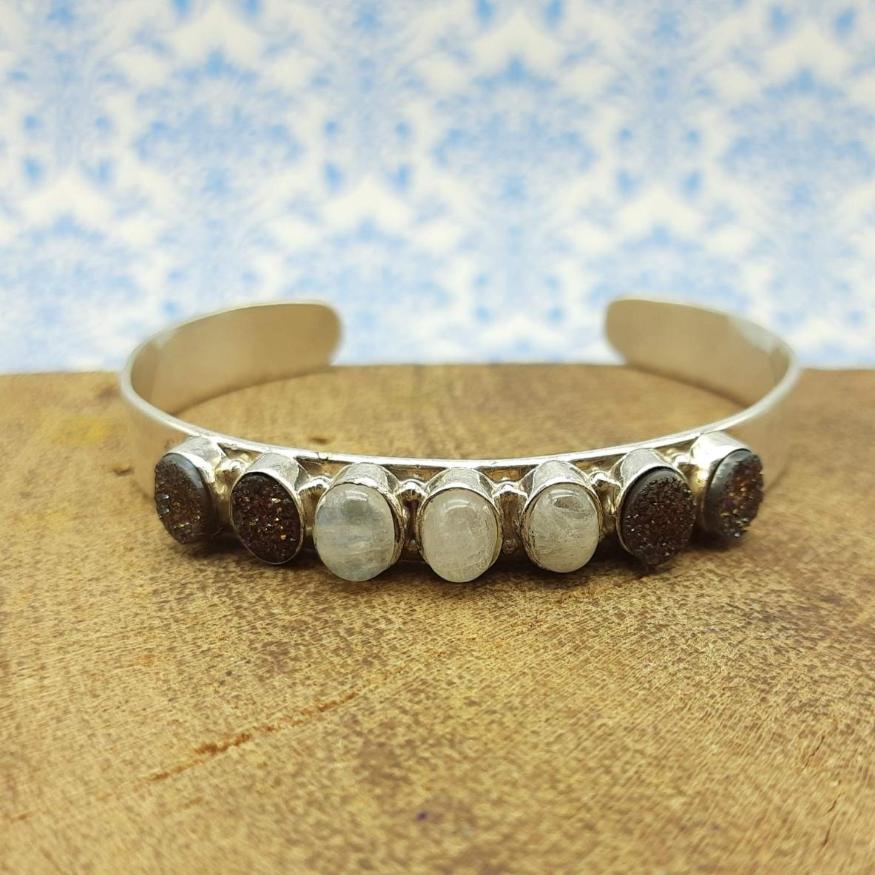 Classic Handmade 925 Sterling Silver Druzy & Moonstone  Bracelet Timeless Design