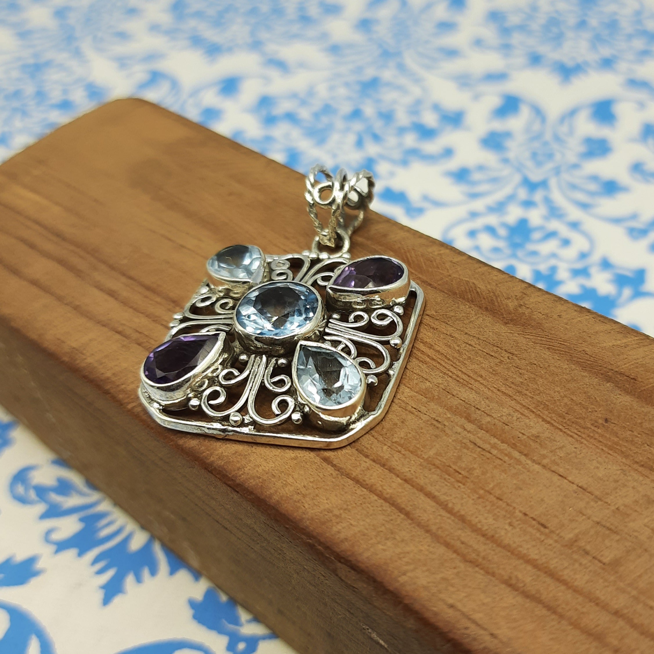 Amethyst & Blue Topaz Dual Stone Pendant – Handmade 925 Silver Designer Bohemian Jewelry