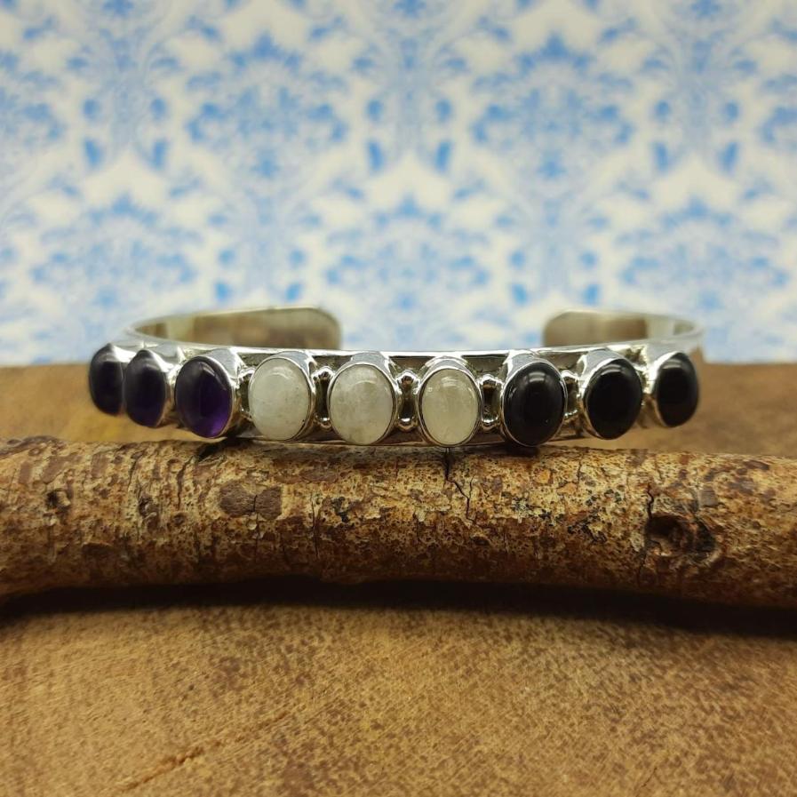 Moonstone n Amethyst Oval Shape Bracelet Handmade 925 Sterling Silver Fine Jewelry