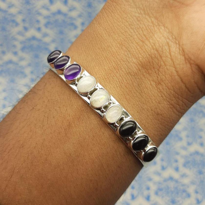 Moonstone n Amethyst Oval Shape Bracelet Handmade 925 Sterling Silver Fine Jewelry
