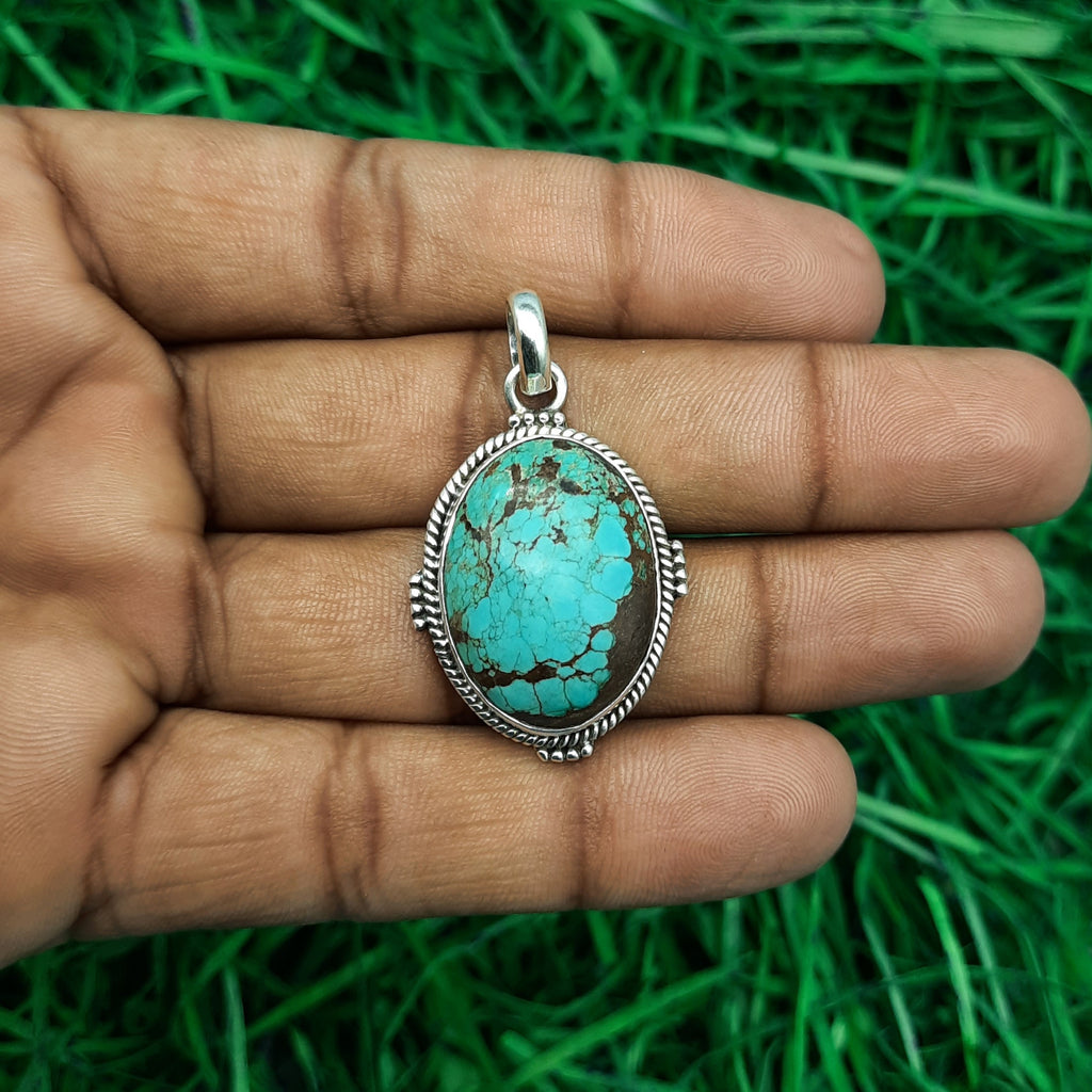 Turquoise Tribal Pendant – Handmade 925 Silver Nepali Boho Artisan Design