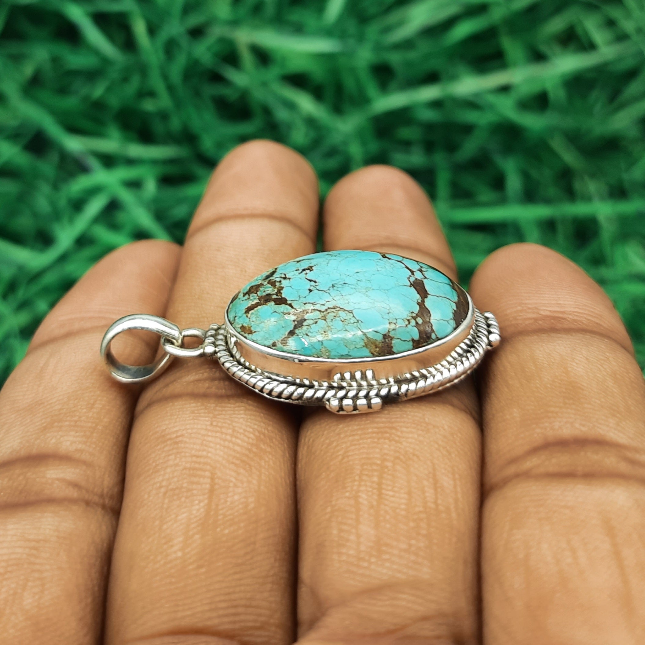 Turquoise Tribal Pendant – Handmade 925 Silver Nepali Boho Artisan Design