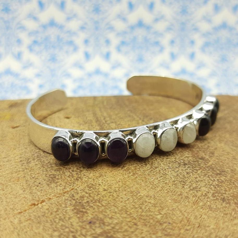 Moonstone n Amethyst Oval Shape Bracelet Handmade 925 Sterling Silver Fine Jewelry
